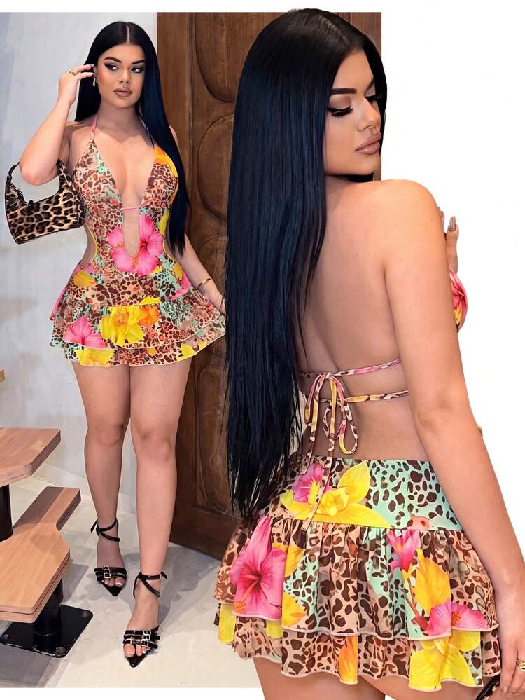 SHEIN SXY 女士度假豹纹印花深V领性感迷你连衣裙 - 彩色 - 查看 1