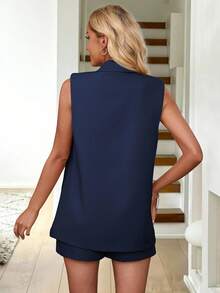 Easowa Bộ vest nữ màu trơn không tay hai hàng cúc và quần short có túi, bộ đồ mùa hè thanh lịch cho mùa thu/đông, phong cách thường ngày. - Màu xanh hải quân - Xem 2