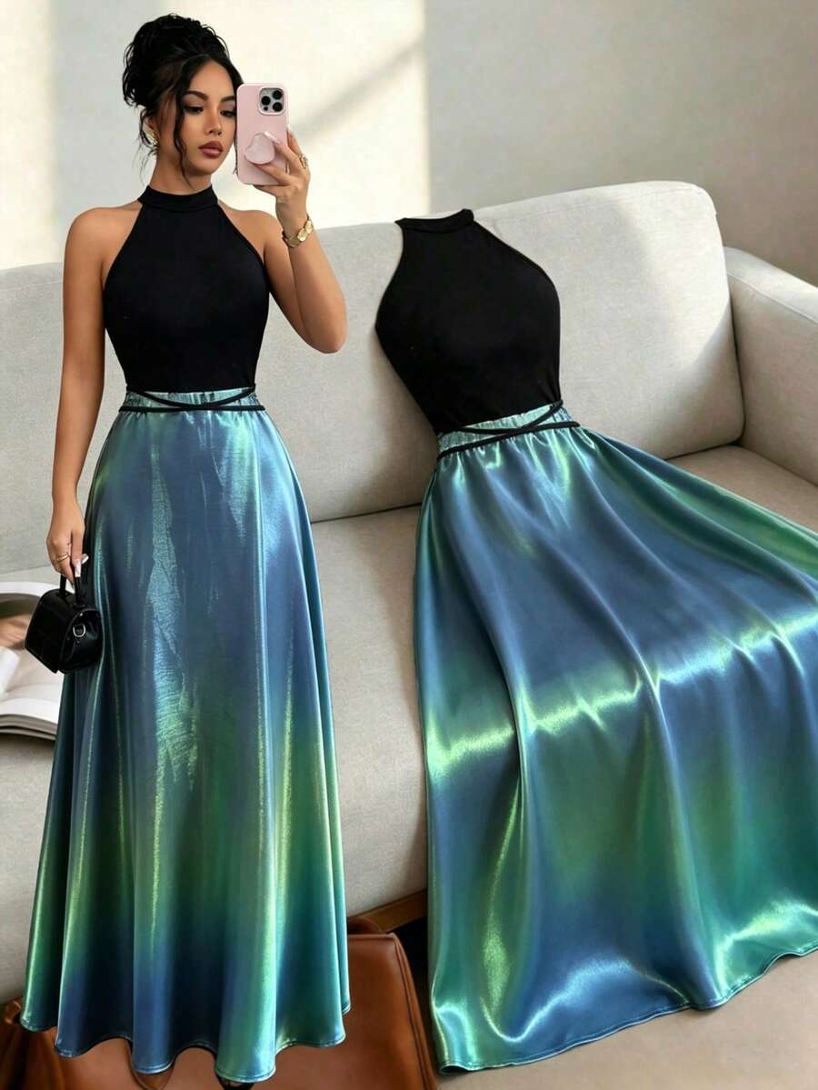 Elenzga Đầm nữ thanh lịch, khoét lưng, thắt eo, khóa kéo ẩn tiện dụng, đầm đuôi cá ánh kim lấp lánh, thích hợp cho kỳ nghỉ và các dịp đặc biệt. - màu đen - Xem 1