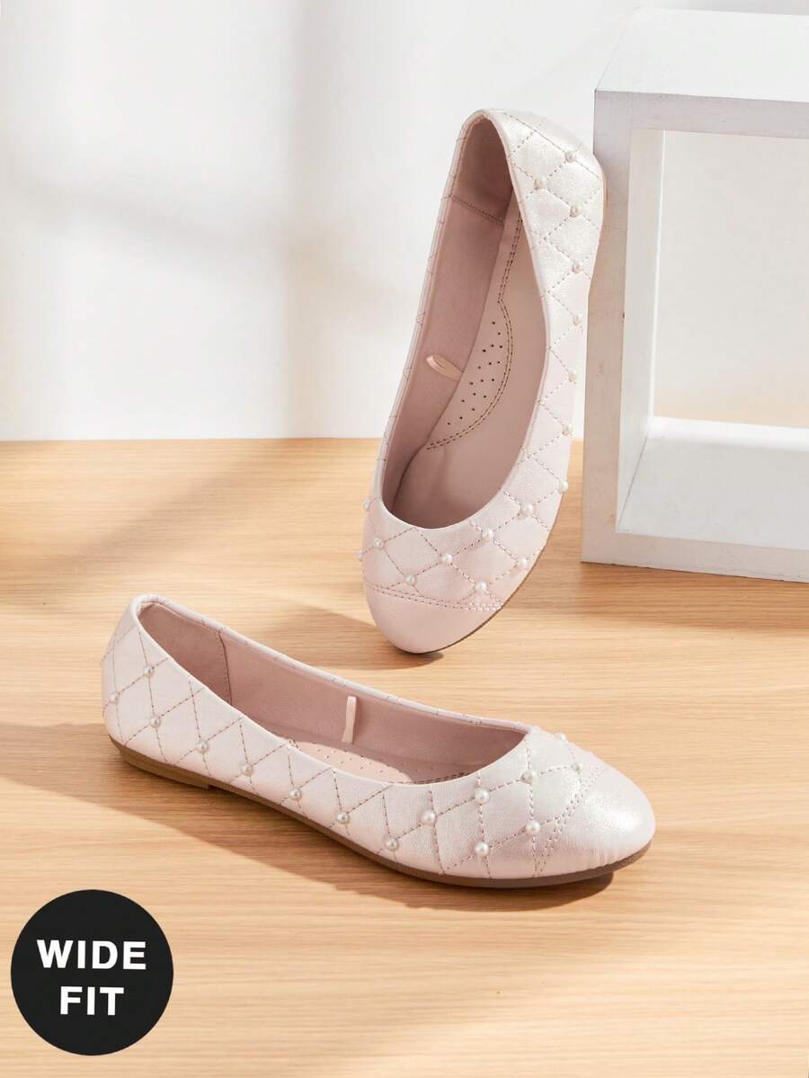 SHUZIA #ParisianChic Wide Fit Women's Round Toe Cushioned Insole Quilted Pearl Stud Pearlescent PU Lt.Pink Ballet Flats,Soft, Elegant & Everyday Comfort - Pink - View 1