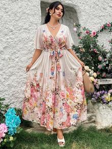 Modelyn Casual Boho Loose Beige Lace Patchwork Elegant Dress, Plus Size, Suitable For Daily Wear And Vacation, Spring/Summer Wedding Guest - Apricot - View 6