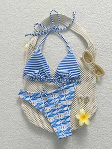 SHEIN Swim Mod 女士夏季休闲度假沙滩条纹鱼纹比基尼两件套挂脖系带泳衣套装 - 彩色 - 查看 2