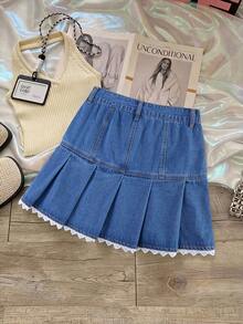 GlowEve Chân váy denim ngắn nữ mùa hè, kiểu dáng thường ngày, phù hợp đi nghỉ mát và đi làm, với viền ren xếp ly tương phản. - Màu xanh lam - Xem 2