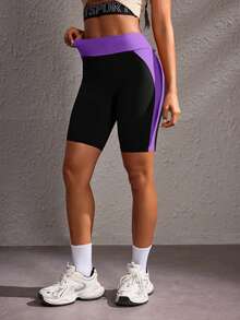 Powerista Women's Blue Color Patchwork Slim-Fit Casual Sport Shorts, For Daily Fitness & Gym, Everyday Wear Casual Airport Back To School Winter Elegant Spring Summer Running Yoga Pitalles Indoor Outdoor Activie Casual Capsule Wardrobe Everyday Oversized Tee Airport Back To School Winter Elegant Summer All Season - Purple - View 4