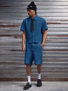 AXEPEAK Men's Solid Color Front Button Short Sleeve Shirt And Loose Shorts Set - Blue - View 7