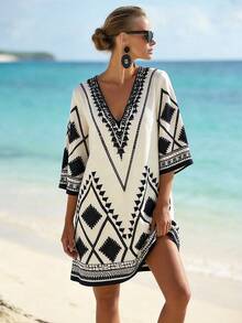 Balvessa Vestido bohemio holgado con cuello en V y estampado geométrico para la playa - Multicolor - Ver 4