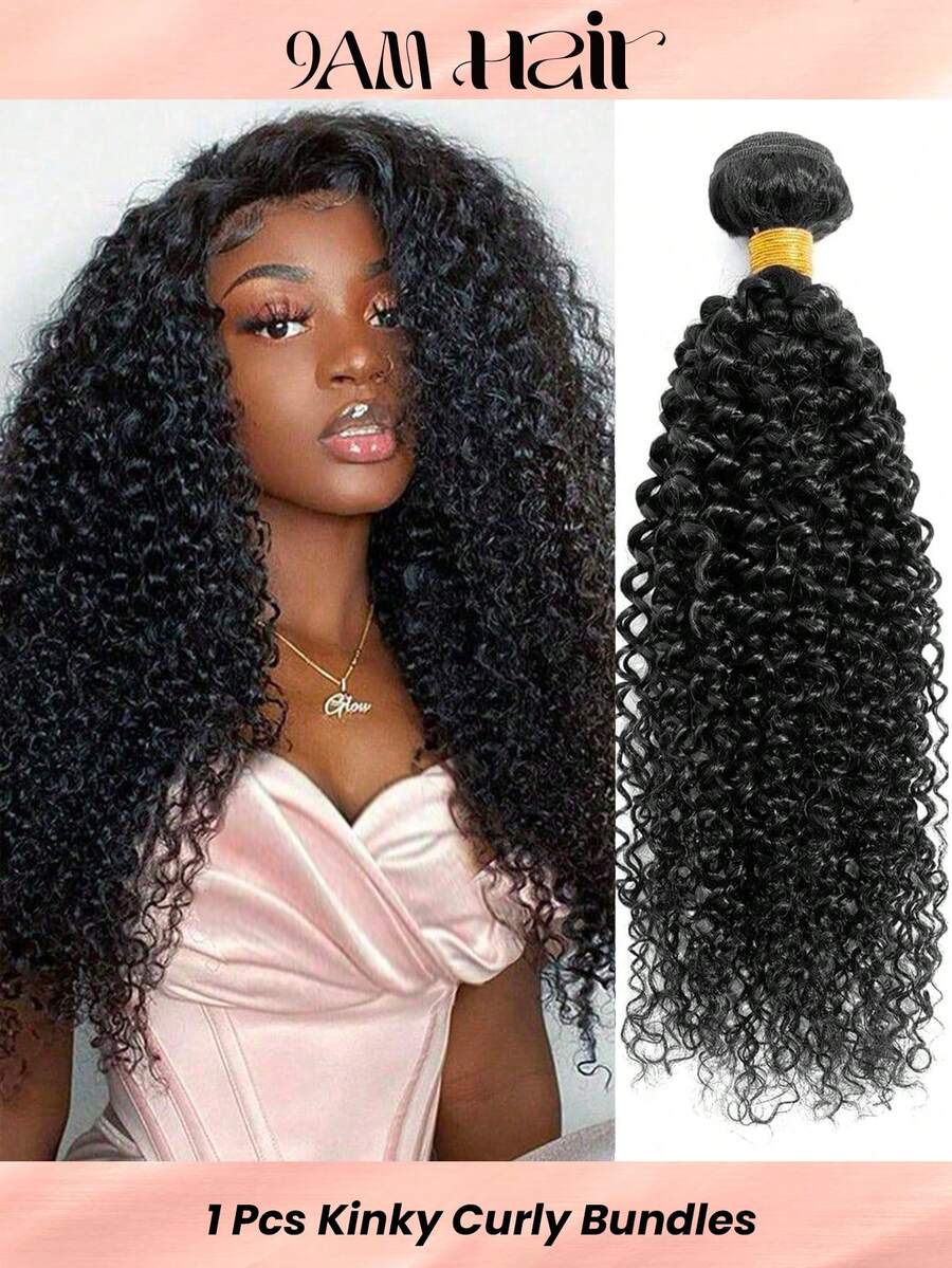 1Pc Kinky Curly Human Hair Bundles Unprocessed Human Hair Curly Human Hair Weave Double Weft Hair Extension Natural Black Color For Women - Natural Black - View 1
