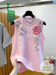 GlowEve Women's Floral Embroidery Faux Pearl Decor Round Neck Camisole - Pink - View 1