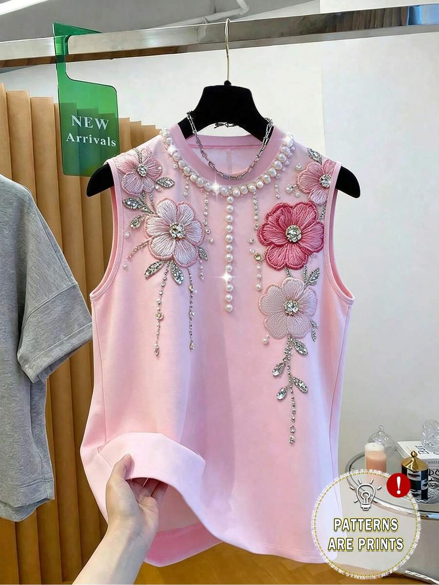 GlowEve Women's Floral Embroidery Faux Pearl Decor Round Neck Camisole - Pink - View 1