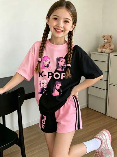 2pcs/Set 8-12 Years Old Girls Tween Sweet & Cool / K-Pop Star Graphic Contrast Color Short Sleeve T-Shirt + Striped Shorts Set, Lightweight Outfit For Daily Wear, School, Children's Day, Spring/Summer/Autumn