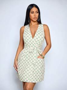 SOLERSUN Women's Vintage All-Over Print Sleeveless Tie-Back Waist Cinching Mini Dress, Elegant For Everyday, Dates, Afternoon Tea, Gatherings, Graduation, Commute, Office, Vacation Mint Green Dresses For Women - Green - View 7