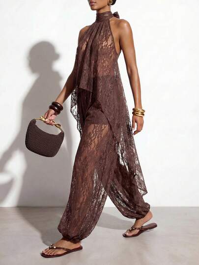 Zivah Bộ đồ hai mảnh mùa hè mới phong cách Boho, đi nghỉ mát, màu nâu, dáng rộng, chất liệu ren xuyên thấu, không tay, vạt áo bất đối xứng và quần jogger ống loe cho nữ. Thích hợp cho mặc hàng ngày, du lịch, nghỉ mát, lễ hội âm nhạc, phong cách Boho, tiệc tùng, trang phục sân bay, trang phục ăn trưa, đồ đi biển, dự tiệc.