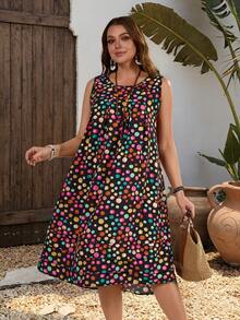 EMERY ROSE Plus Size Women Polka Dot Print Round Neck Sleeveless Black Dress,Summer Boho Vacation Holiday Outfit,Festival Picnic Country Office Dresses For Women - Multicolor - View 6