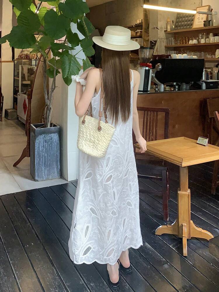 Women's Summer Beach Vacation Style Embroidered Hollow Out Loose Strap Dress