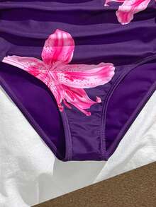 SHEIN Traje de baño de una pieza con estampado de flor de lirio y color contrastante para niña preadolescente - Morado - Ver 5