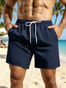 Manfinity Swimmode Plus Size Men's Summer Drawstring Waist Beach Shorts - Black - View 4