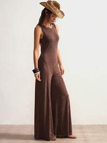 Bohemela Solid Color Knit Backless Sleeveless Wide Leg Jumpsuit For Women - Coffee Brown - View 5