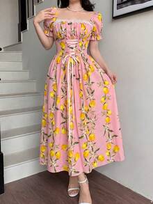 SHEIN 系带腰身泡泡袖拼接蕾丝印花连衣裙长款女装 - 粉色 - 查看 9