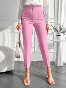 SHEIN Cottnline Women's Solid Color Simple Slim-Fit Casual Pants - Baby Pink - View 3