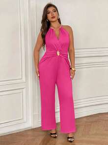 Femmeverse Jumpsuit Panjang Tanpa Lengan Leher V Seksi Tanpa Punggung untuk Wanita Ukuran Plus - Hot Pink - View 6