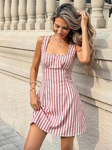 SHEIN PariChic Đầm ôm dáng, cổ yếm, hở lưng, kẻ sọc dọc mới dành cho nữ - Đỏ và trắng - Xem 3
