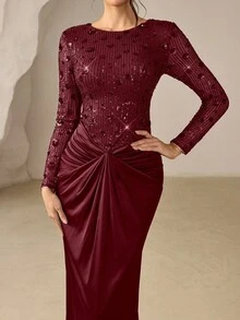 Coutiva Đầm dạ hội thanh lịch dành cho nữ, họa tiết hoa đính sequin, eo xếp ly. - Màu Đỏ Sâu - Xem 5