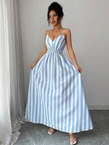 SHEIN Raffinéa Đầm không tay cổ chữ V kẻ sọc xanh nhạt và trắng dành cho nữ mùa hè, kiểu dáng thường ngày đi biển. - Xanh và trắng - Xem 4
