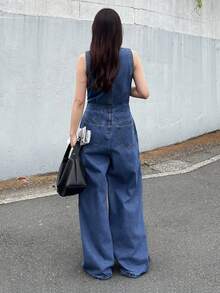 FRIFUL Women's Fashion Versatile Pleated Loose Denim Jumpsuit - Blue - View 7