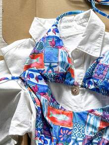 Bộ bikini nữ gồm dây chuyền in họa tiết ngẫu nhiên, trang sức kim loại, thích hợp cho mùa xuân/hè. - Nhiều màu - Xem 4