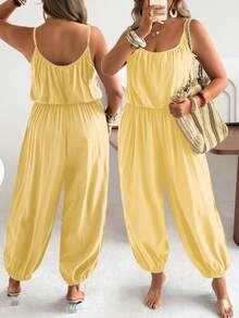 Mono de pierna ancha plisado elegante y casual de unicolor para tallas grandes - Amarillo - Ver 3