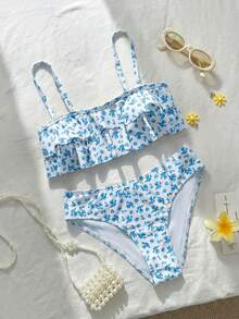 Swim Mod 花卉飾邊可愛熱帶甜美復古休閒度假海灘泳池派對度假女性泳裝套裝白色與藍色花卉夏季 - 彩色 - 查看 4