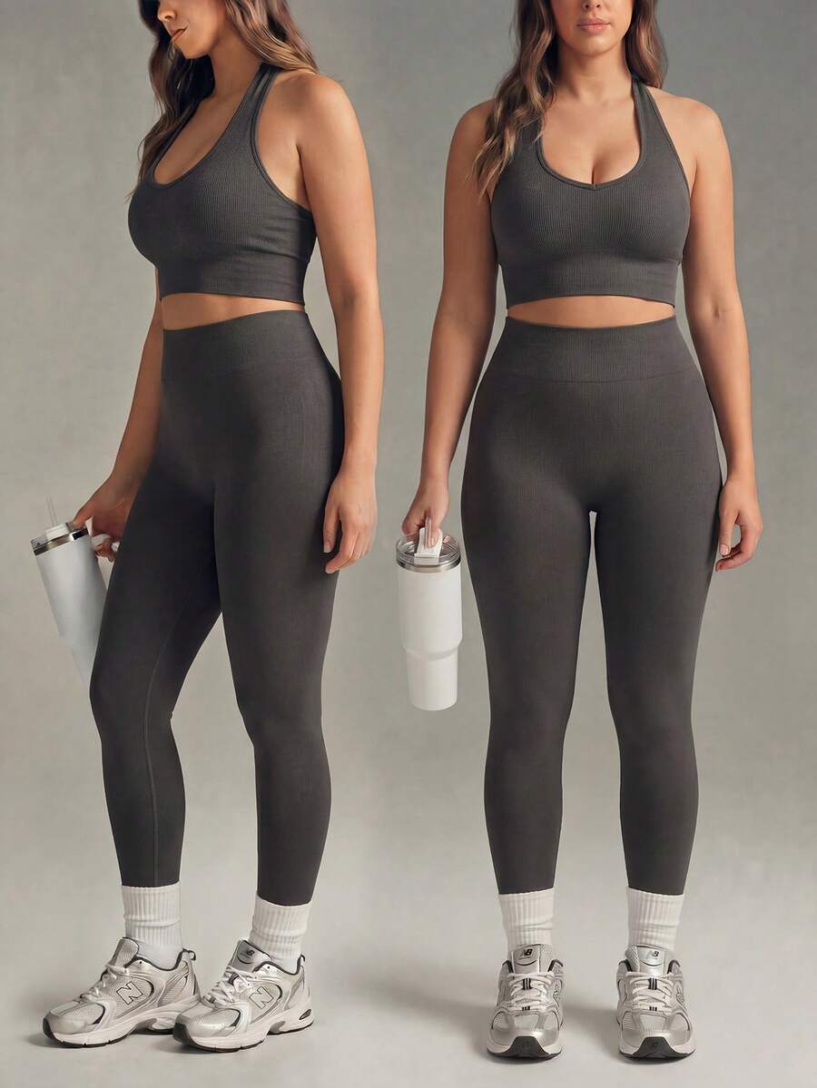 Dewbera Dewbera Setelan Olahraga Wanita Ukuran Plus: Atasan Tank Top Model Halter Neck Pendek Warna Polos dan Legging Pinggang Tinggi - Dark Grey - View 1