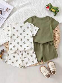 SHEIN Playful Pals Bộ quần áo 4 món cho bé trai: Áo thun cổ tròn in kỹ thuật số + Áo thun cổ tròn màu xanh trơn, bộ đồ ngắn tay mùa hè thoải mái, dễ mặc, quần áo trẻ sơ sinh cho bé trai, thích hợp cho mùa xuân và mùa hè, mặc hàng ngày và đi chơi. - màu xanh lá - Xem 2