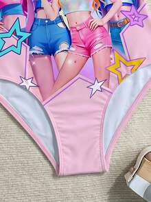 Tween Girls' Colorful Star & Letter Cartoon Girl Group Print One-Piece Swimsuit With Elastic Wide Strap, Suitable For Beach, Pool, Water Sports - Multicolor - View 4