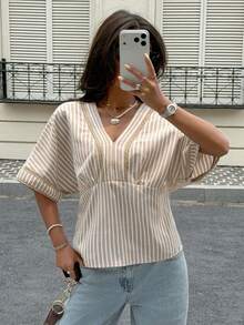 Siren Gaze Women's V-Neck Short Sleeve Linen Blended Shirt With Striped Ruffle Trim - Apricot - View 5