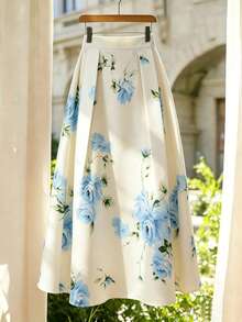 SHEIN Women's Elegant Summer Satin Midi Skirt,Blue And White Flower Rose Print Pleated A-Line Skirt,Casual Beach Party Birthday Graduation Outfit Suit - Blue - View 5
