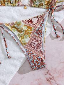 Bonvoyette Women's Paisley Print Halter Tie Bikini Set, Elegant Boho Style Beach Swimwear, Orange And Pink Color, Summer - Multicolor - View 4