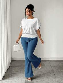 Elenzga Blouse bohème d'été blanche en soie pour femmes grandes tailles, vacances et congés, avec broderie ajourée, manches volantées doubles couches, ajourée et ourlet élastique - Blanc - Voir 6