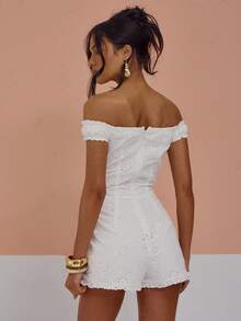 MUSERA Bara Axlar Rynkad Byst Volangkant Broderad Playsuit Sexig Söt Vår Sommar Semester Semester Utekvällning Flickigt Cool Tjej Sen Utcheckning - Vitt - Visa 2