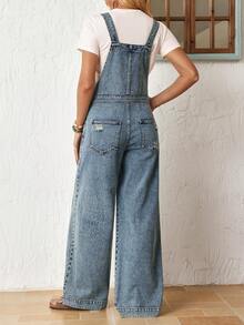 EMERY ROSE Bộ jumpsuit denim rách có túi dành cho nữ, kiểu dáng thường ngày, phong cách giản dị. - Màu xanh lam - Xem 2
