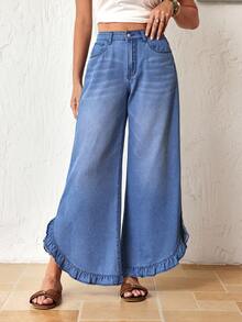 Breezaya Quần jean denim nữ dáng rộng, thời trang mùa hè, đa năng, thoải mái với gấu quần xếp ly. - Màu xanh lam - Xem 4
