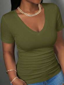 Slaydiva Casual Minimalist Solid Color Military Green Plus Size V-Neck T-Shirt Suitable For Spring And Summer - Army Green - View 1