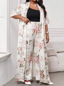 SHEIN Lady CURVE Conjunto informal de 2 piezas de mujer talla grande con cárdigan estampado floral y pantalón de pierna ancha - Multicolor - Ver 5
