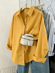 INAWLY Women's Casual Solid Color Button-Up Loose Long Sleeve Shirt - Yellow - View 6