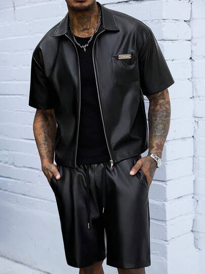 SLATEMANN Men's Solid Color PU Leather Short Sleeve Zip-Up Shirt And Shorts Set
