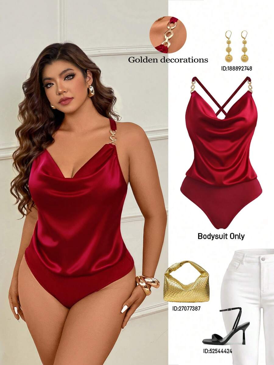 Femmeverse Bodysuit Wanita Ukuran Plus dengan Desain Leher V Seksi, Kancing Dekorasi Logam, Warna Polos - Burgundy - View 1