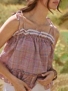 WESTFADE Plaid & Crochet Lace Square Neck Bow Tie Strap Tiered Ruffle Sleeveless Babydoll Top - Pink - View 6