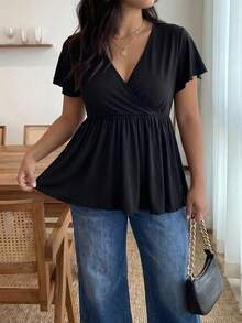 Áo thun Plus size Xù nhỏ Viên lá sen Trọn gói màu trơn Giải trí - màu đen - Xem 4