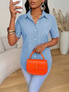 Xyvia Summer Casual Solid Color Side Slit Curved Hem Shirt - Baby Blue - View 4