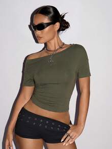 SHEIN ICON 女士纯色露背短袖露脐T恤 - 軍綠色 - 查看 2